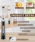 Handheld Milk Frother With Dual Heads USB Rechargeable With 3 Speeds, Coffee Foam Maker And Egg Whisk For Latte Cappuccino Hot Chocolate, Stainless Steel Blades, Black. Product details showing speeds, power switch, and USB charging port.