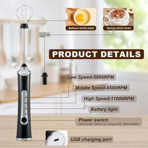 Handheld Milk Frother With Dual Heads USB Rechargeable With 3 Speeds, Coffee Foam Maker And Egg Whisk For Latte Cappuccino Hot Chocolate, Stainless Steel Blades, Black. Product details showing speeds, power switch, and USB charging port.