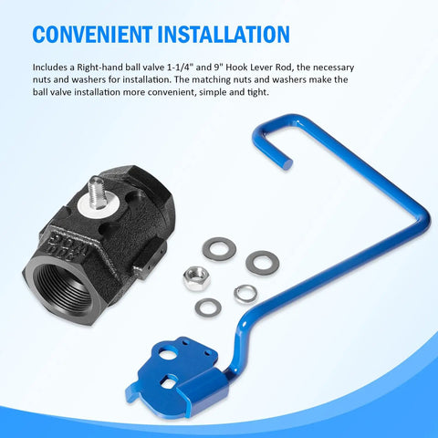 Right Hand Ball Valve One And One Quarter Inch With Nine Inch Hook Lever Rod For Fryers SG14 SG14R SG18 SG18F SGM24 SG34 1824 SSH55 SSH75 And More Pro Grade Heavy Duty Nonlocking Design For Durable Commercial Kitchen Use installation kit