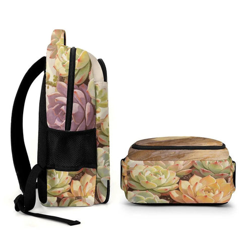 Side and top view of Succulents Wooden Planter Print Backpack Unisex Large Capacity Durable Polyester All Day Everyday Carry
