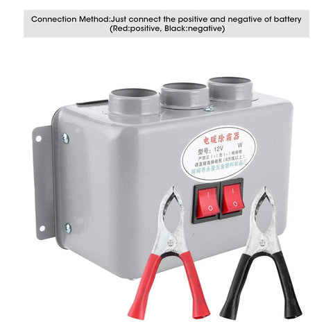 Kick The Winter Chill Fast With Compact 12V Car Heater 400W To 600W Dual Gear Switch with battery clamps and switches.