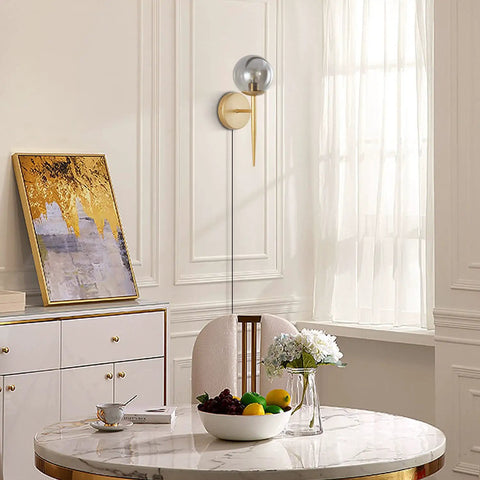 2 Light Plug In Globe Wall Sconce With Smoky Gray Glass Shade And Brass Finish Delivers A Cozy Vibe And Soft Glow For Bathroom Bedroom Hallway Corridor Modern Bedside Lighting