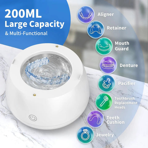 Ultrasonic Retainer Cleaner Pod With 48kHz Deep Cleaning Pro Grade, 200ML capacity, shown cleaning an aligner in white unit.