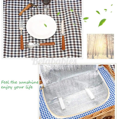 Family Size Wicker Picnic Basket Set For 4 To 6 Peeps With Waterproof Blanket And Stainless Cutlery Kit, table setup and open basket