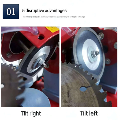 No Drama Electric Saw Blade Sharpener For Carbide Tipped Blades With Five Inch Grinding Wheel And Water Spray System showing tilt right and left features.