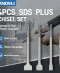 4PCS SDS Plus Rotary Hammer Chisel Set with pointed and flat chisels on display for masonry demolition and chipping