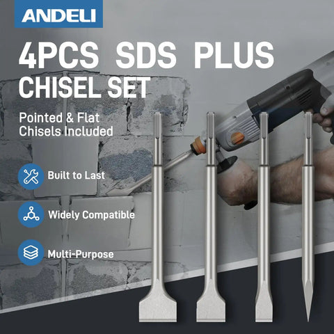 4PCS SDS Plus Rotary Hammer Chisel Set with pointed and flat chisels on display for masonry demolition and chipping