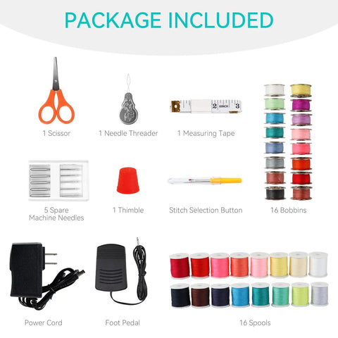 Accessories kit for Portable Mini Sewing Machine For Beginners with scissors, needles, bobbins, spools, and foot pedal