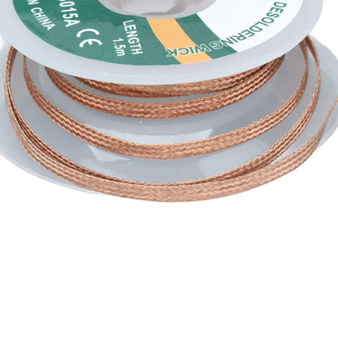 Desoldering Wick No Clean Alloy Copper Solder Removal Braid 1.5m Length 3.0mm Diameter on spool, close-up view.