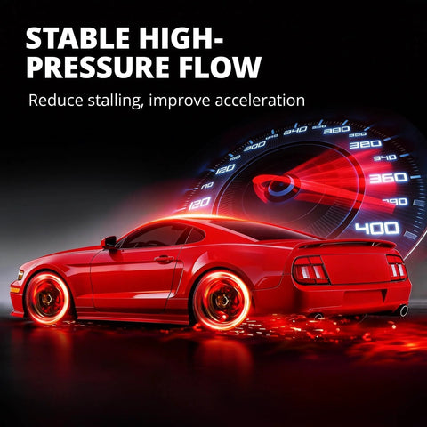 Red sports car with speedometer graphic, illustrating EFI 255LPH Electric In Tank Fuel Pump High Flow 43 PSI Kit performance.