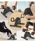 Collage of 12 Speed Adjustable Mini Under Desk Exercise Bike With LCD Display, Quiet Bidirectional Pedals For Home Use, Black in various setups.