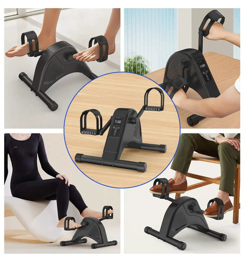 Collage of 12 Speed Adjustable Mini Under Desk Exercise Bike With LCD Display, Quiet Bidirectional Pedals For Home Use, Black in various setups.