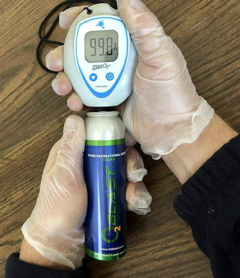Person measuring oxygen level in Pure Oxygen Canister For Quick Recovery And Sharp Focus, 4L Portable Oxygen, 3 Pack