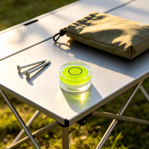 5Pcs Small Circular Bubble Levels with Double Sided Adhesive on a camping table with stakes and a storage pouch.