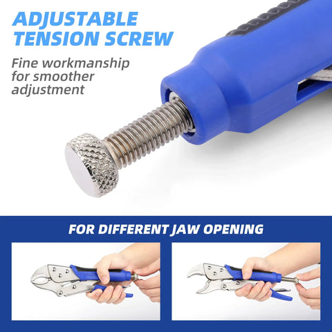 Heavy Duty 10 Inch Locking Pliers With Curved Jaw, adjustable tension screw in close-up for precise gripping.