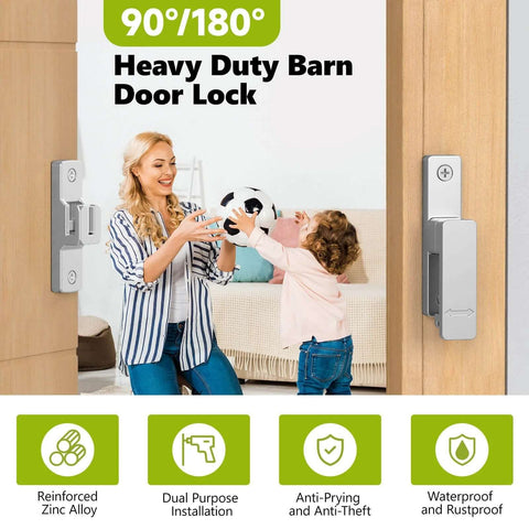 Barn Door Lock 90 And 180 Degree Zinc Alloy Hardware Sliding Lock Heavy Duty Flip Safety Latch installed on wooden door