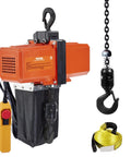 VEVOR 1100 lb electric chain hoist with orange housing, chain and hook, yellow remote control