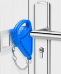 Hotel Safety Portable Door Lock For Inside Use And Privacy Universal Security Jam Lock installed on door handle in blue color
