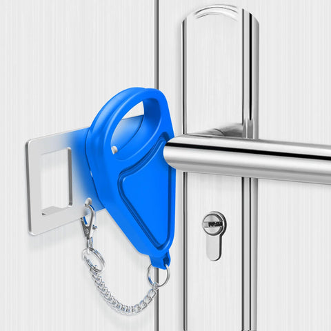 Hotel Safety Portable Door Lock For Inside Use And Privacy Universal Security Jam Lock installed on door handle in blue color