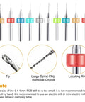 PCB drill bits from Pin Vise Hand Drill Set With Mini Bench Vise And 60 Drill Bits For Resin Wood Jewelry Making DIY Projects And Model Builds Includes HSS Twist Bits And PCB Bits Adjustable 3 Jaw Chuck 0.3 To 3.4 Mm, showing tips and spiral grooves.