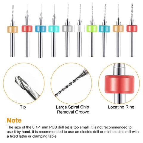 PCB drill bits from Pin Vise Hand Drill Set With Mini Bench Vise And 60 Drill Bits For Resin Wood Jewelry Making DIY Projects And Model Builds Includes HSS Twist Bits And PCB Bits Adjustable 3 Jaw Chuck 0.3 To 3.4 Mm, showing tips and spiral grooves.