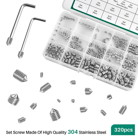 Stainless Steel Cone Point Set Screws Kit With Internal Hex Drive M2.5, M3, M4, M5, M6, M8, 304 Grade Grub Screws Hex Socket Headless Rust Resistant Ideal For Door Handles And Bathrooms Versatile Hardware Set with hex wrenches and assorted screws in a compartmentalized box