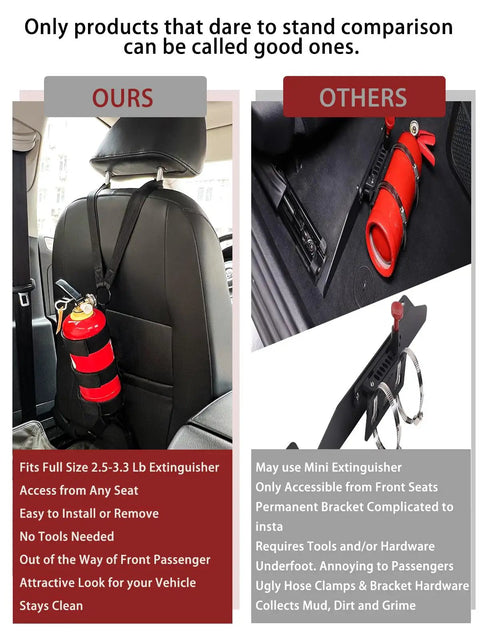 Two Pack Universal Car Fire Extinguisher Bracket And Mount Strap For 2.5 To 3.3 Pound Extinguishers Fits Trucks ATVs And Cars With Roll Bar Safe Quick Tool Free Install In Seconds Reinforced 600D Fabric Durable Holder showing comparison to other product in car interior