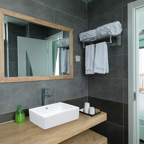 Rectangular Porcelain Vessel Sink For Bathroom Above Counter White With Chrome Drain And Overflow Industrial Modern Style