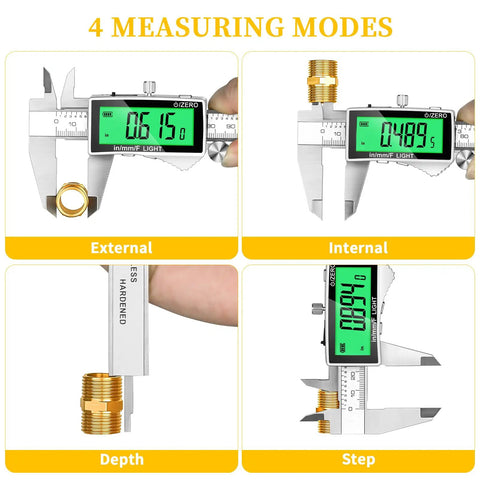 6 Inch Digital Caliper With Large Backlit LCD Display, Stainless Steel Vernier Calipers Tool, showing 4 measuring modes