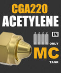 CGA220 acetylene connector next to graphic of MC tanks for AR MC CGA200 Acetylene Regulator For MC Tanks With B Type Connection.