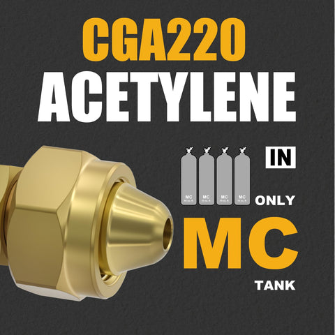 CGA220 acetylene connector next to graphic of MC tanks for AR MC CGA200 Acetylene Regulator For MC Tanks With B Type Connection.