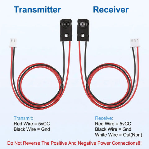 Two Pack IR Break Beam Sensor Kit With 5mm LEDs, Photoelectric Through Beam Switch, DIY Counting Module, 33cm Cable Length, 25cm To 100cm Sensing Range, Fast Response NPN Normally Open Output For DIY Automation, transmitter and receiver wiring