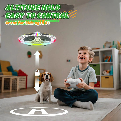 Child using UFO Drone For Kids Indoor Flying Toy Remote Control Aircraft indoors, hovering above a dog, with LED lights.