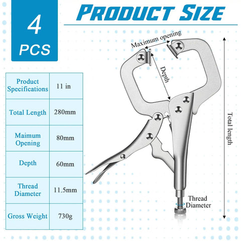 Workhorse 11 Inch Locking C Clamps 4 Pack Heavy Duty Steel With Swivel Jaw Pad One Hand Quick Release Mechanism product specifications diagram