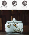 Big Capacity Chinese Ceramic Rice Jar With Airtight Lid Dispenser Keeps Your Favorite Grain Stash Fresh And Crisp For Easy Kitchen Pantry Organization Gorgeous Floral Pattern, side view on wooden surface.