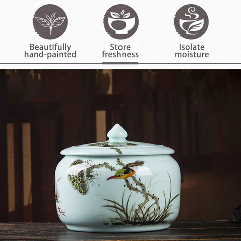 Big Capacity Chinese Ceramic Rice Jar With Airtight Lid Dispenser Keeps Your Favorite Grain Stash Fresh And Crisp For Easy Kitchen Pantry Organization Gorgeous Floral Pattern, side view on wooden surface.