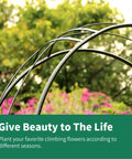 Close-up of Heavy Duty Rustproof Iron Garden Arbor Wedding Arch in a garden setting with flowers and trees background.