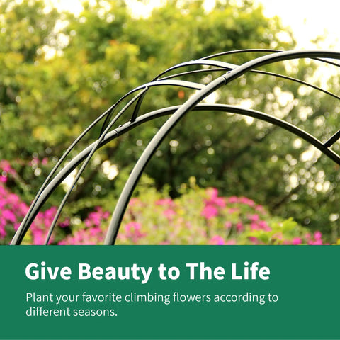Close-up of Heavy Duty Rustproof Iron Garden Arbor Wedding Arch in a garden setting with flowers and trees background.