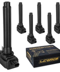 Six Ignition Coil Pack Set For 3.6L V6 Engines Fits 2011 2012 2013 2014 2015 2016 Dodge Durango Charger Grand Caravan Challenger Journey Avenger Grand Cherokee Wrangler Jeep Replace UF648, including retail packaging and close-up of one coil.
