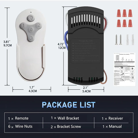 Package contents for Universal Ceiling Fan Remote Control Replacement with Wall Mount, including remote, receiver, and accessories.