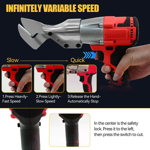 Side view of Brushless Cordless Metal Shears With LED And LCD Display, 2500 RPM, 800W, Tool Only showing variable speed function