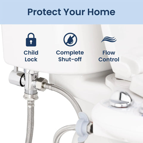 Bidet Shut-Off T-Adapter Valve For NEO Series Attachments 7/8 Inch By 7/8 Inch By 1/2 Inch Chrome Finish installed on toilet