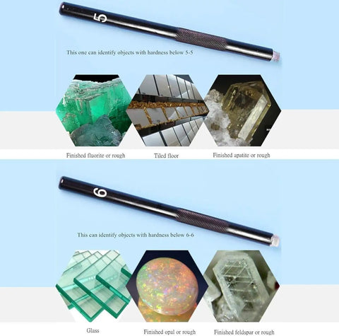 Hella Solid Game Changing Five Piece Mohs Hardness Pen Kit For Testing Gems And Rocks Without Damaging Stones Portable Collector Essential Tool With Authentic Mineral Tips For Jewelry Appraisal And Geology Field Work, showing tips for hardness levels 5 and 6.