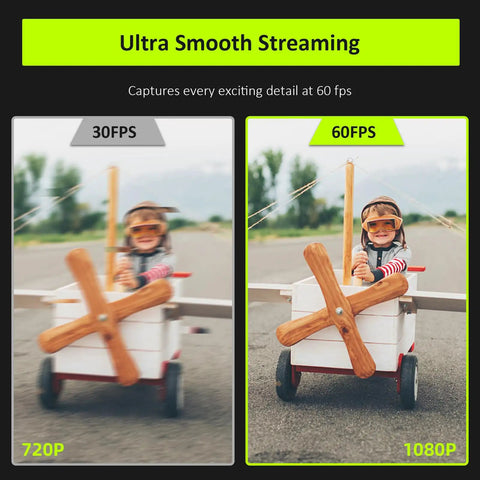 Comparison image of 720P and 1080P video quality showcasing a child in a toy plane for smooth streaming. Crisp 1080P 60FPS Webcam With Built In Ring Fill Light And Smooth Touch Controls For Streaming Or Group Calls On Laptop Or Desktop PC With Dual Stereo Mics And Fast Autofocus That Hits Different And Looks Dope.