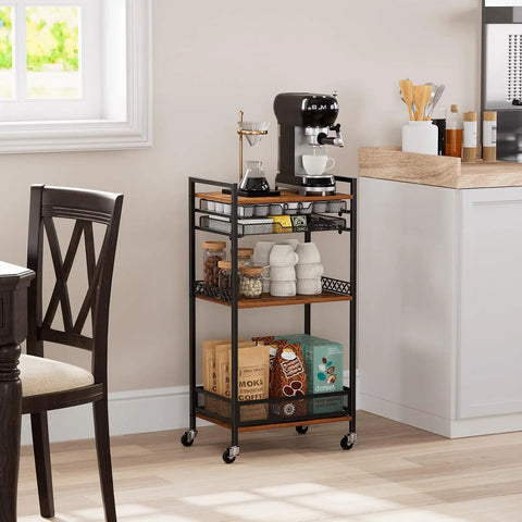 Heavy Duty 5 Tier Floor Standing Coffee Cart With Spacious Pod Storage Organizer For Kitchen Bar Station Pretty Sweet Space Saver Straight Up Game Changer Slick with coffee maker and storage.