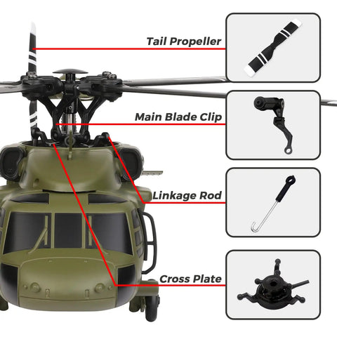 Diagram of UH60L Blackhawk RC helicopter with labeled K170 Replacement Parts Kit including tail propeller and main blade clip.