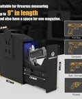 Quick Draw Concealed Handgun Safe With Smooth Slider Design And Hidden Fingerprint Lock For Nightstand Or Wall Mounting Featuring Lightning Fast One Second Unlock Plus No Sweat Pin Code Setup, showcasing dimensions and firearm compatibility up to 9 inches.