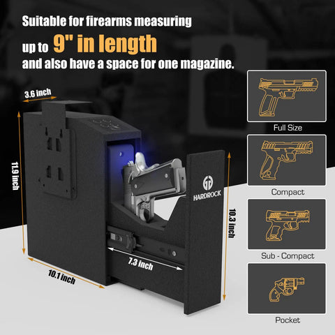 Quick Draw Concealed Handgun Safe With Smooth Slider Design And Hidden Fingerprint Lock For Nightstand Or Wall Mounting Featuring Lightning Fast One Second Unlock Plus No Sweat Pin Code Setup, showcasing dimensions and firearm compatibility up to 9 inches.