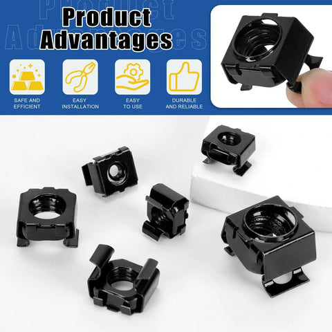 Heavy Duty Black Snap In Cage Nuts M4 Through M12 Carbon Steel Rack Mount Kit 84 Pieces showing multiple cage nuts on a white background.