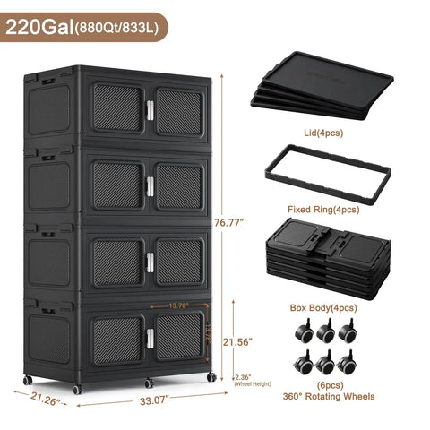 Hassle Free Heavy Duty Extra Large Storage Bins With Smooth Rolling Casters And Secure Snap Lids, Black Plastic Totes, 4 Pack Mobile Organizers For Garage, Toys, Tools